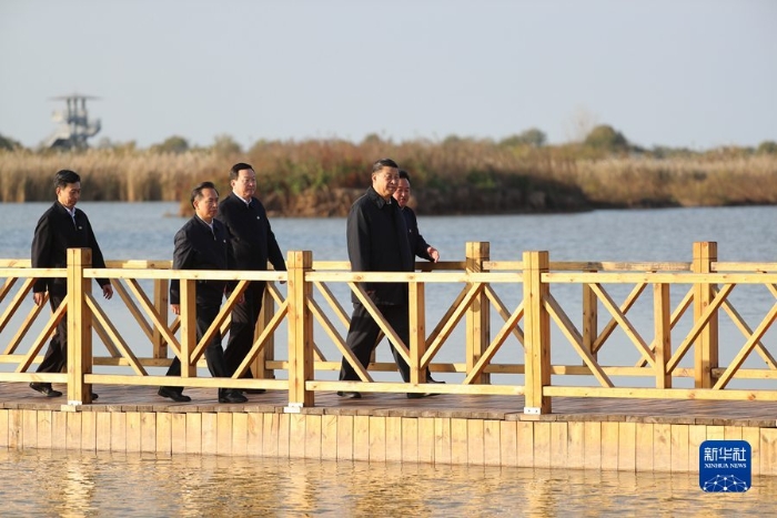 10月22日下午，中共中央总书记、国家主席、中央军委主席习近平在山东省济南市主持召开深入推动黄河流域生态保护和高质量发展座谈会并发表重要讲话。这是座谈会前，习近平20日下午在东营市黄河三角洲国家级自然保护区察看黄河三角洲湿地生态环境。 新华社记者 王晔 摄