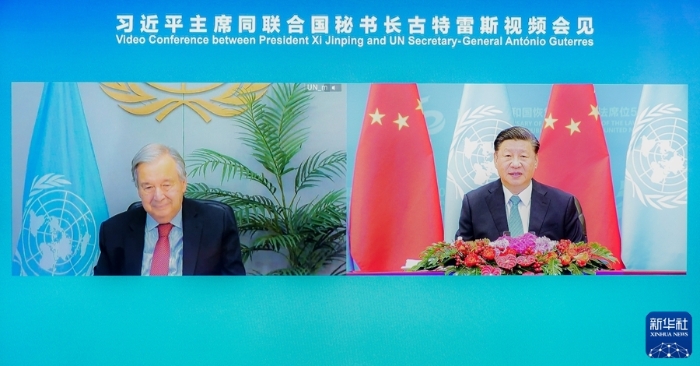 10月25日上午，国家主席习近平在北京人民大会堂以视频方式会见联合国秘书长古特雷斯。新华社记者 翟健岚 摄