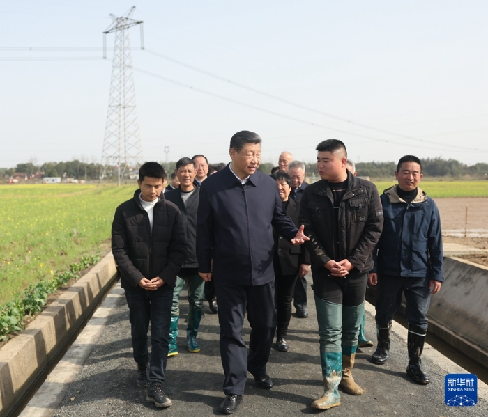 3月18日至21日，中共中央总书记、国家主席、中央军委主席习近平在湖南考察。这是19日下午，习近平在常德市鼎城区谢家铺镇港中坪村，同种粮大户、农技人员、基层干部亲切交流。新华社记者 鞠鹏 摄